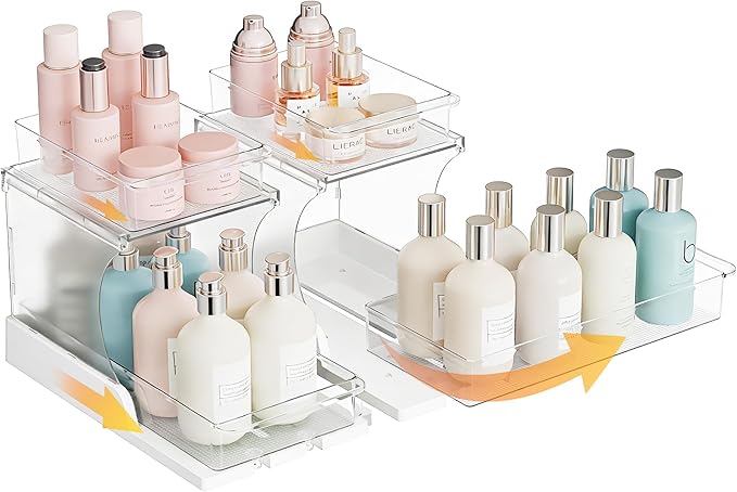 Attelite Under Sink Organizer, 2 Tier Pull Out Cabinet Organizer with 180° Rotating & Foldable Design, 2 Pack Sliding Drawers for Kitchen & Bathroom Storage, Fits Under Sink, Pantry, Cabinet