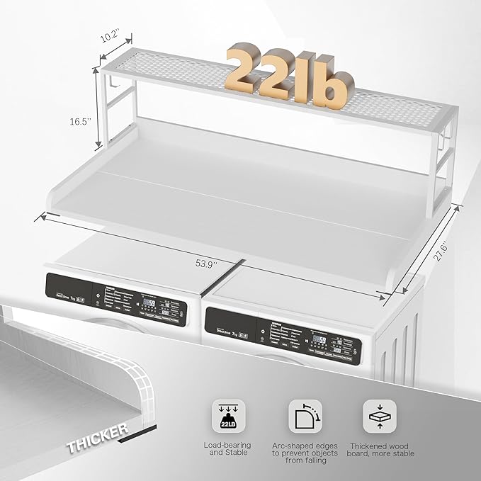 DTK Washer Dryer Countertop with Shelf, 27.55" Depth x 54" Width Laundry Wood Top Cover with Anti-Slip Strips, Over Washer and Dryer Wood Countertop with Edge Rails, White