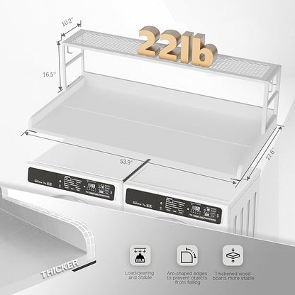 DTK Washer Dryer Countertop with Shelf, 27.55" Depth x 54" Width Laundry Wood Top Cover with Anti-Slip Strips, Over Washer and Dryer Wood Countertop with Edge Rails, White