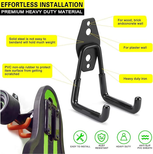 6 Pack Garage Hooks Heavy Duty Storage Organizer Wall Mount Power and Garden Tool Hangers, for Hanging Ladders, Ropes, Hose, Bulk Items