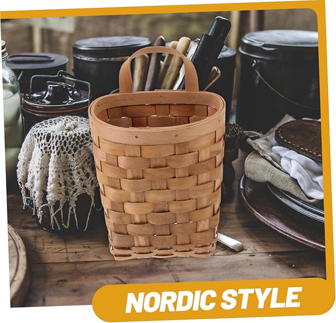 Garneck Wall Hanging Woven Storage Basket Wood Wall Mounted Organizer with Handle Compact Nordic Style Storage Bin for Kitchenware Makeup Tools and Keys Carbonized Color