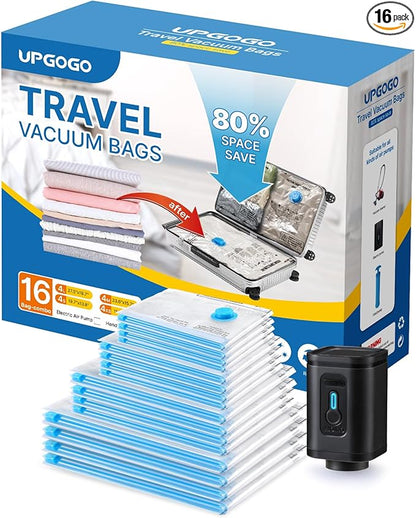 Combo 16 Pack Travel Vacuum Bags with Portable Electric Pump, Space Saver Vacuum Storage Bags for Clothing and Luggage, Travel Essentials