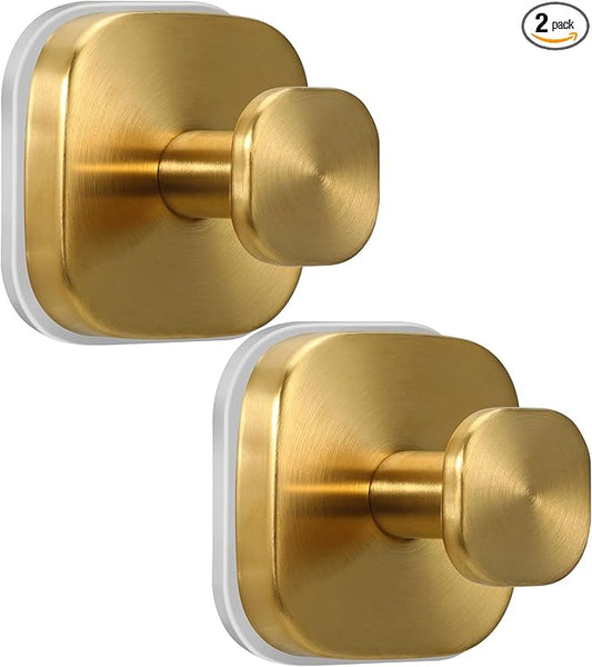 warlve Suction Cup Hooks for Shower - Reusable No-Drill Mounting - Hooks for Towels, Robes & Loofah on Metal, Glass, Mirrors, Tile & Smooth Non-Porous Surfaces (2, Brushed Gold)