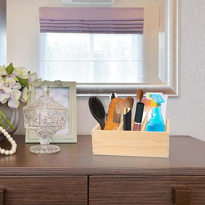 Wood Pen Holder, Unfinished Wooden Remote Control Pencil Holder Caddy, Rustic Table Organizer with 6 Compartments for Art Supplies, Pen, Phones, Home, Office, School Desktop