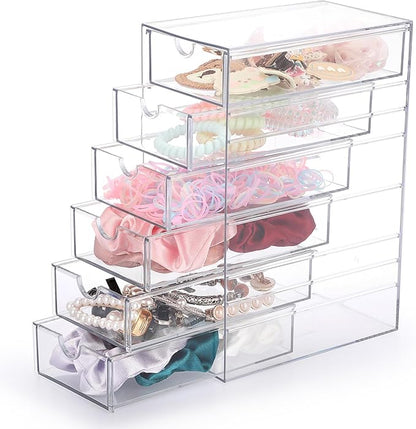 Hipiwe Plastic Drawer Organizer Clear Desktop Drawers Box with 6 Pull Out Drawer Compact Storage Box for Cabinet Vanity Bathroom Bedroom Pantry Shelf Office Closet Organization
