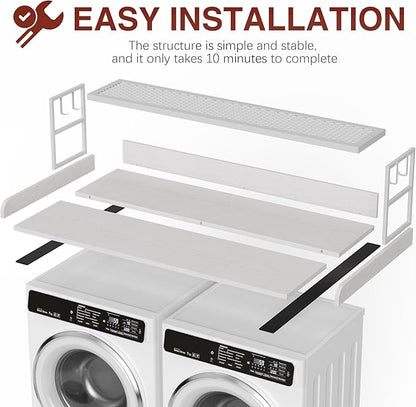 DTK Washer Dryer Countertop with Shelf, 27.55" Depth x 54" Width Laundry Wood Top Cover with Anti-Slip Strips, Over Washer and Dryer Wood Countertop with Edge Rails, White