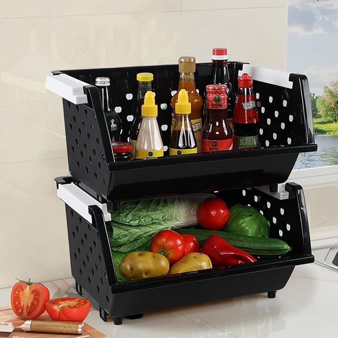 Plastic Stacking Storage Basket 4 Packs, Stackable Organizer Baskets Bin, Black