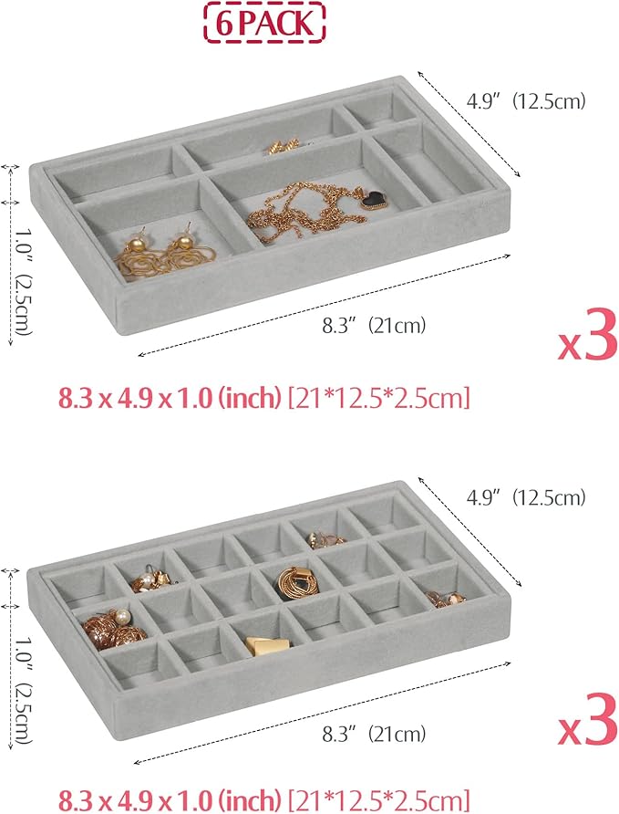 DIOMMELL 6 Pack Stackable Velvet Jewelry Trays Organizer, Jewelry Storage Box Display Trays Showcase Holder Closet Dresser Drawer Organizer for Earring Necklace Bracelet Ring Accessary, Grey