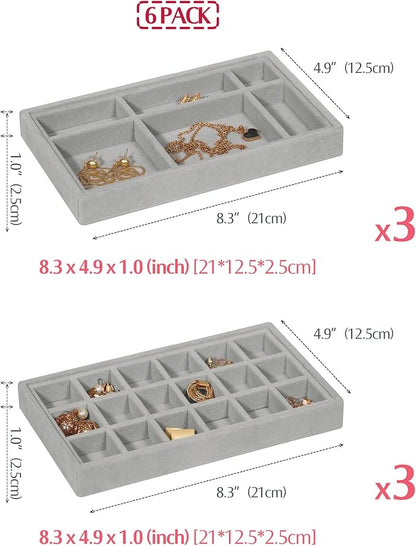 DIOMMELL 6 Pack Stackable Velvet Jewelry Trays Organizer, Jewelry Storage Box Display Trays Showcase Holder Closet Dresser Drawer Organizer for Earring Necklace Bracelet Ring Accessary, Grey