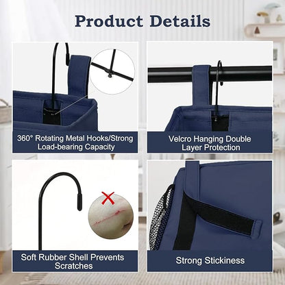 Surblue Bedside Organizer with Hook Bedside Caddy Hanging Storage Bag with Adjustable Straps and Water Bottle Holder for Home College Dorm Bunk Bed Accessories, Crib Bed Rails, Hospital Bed,Navy,2PCS
