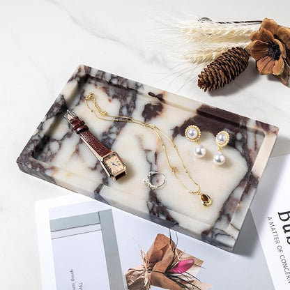 Natural Calacatta Viola Marble Tray 10"x6" Rectangular - Non-Resin Bathroom Vanity Organizer & Office Desk Tray | Waterproof Stone Serving Platter for Jewelry/Perfume (Purple Portoro)