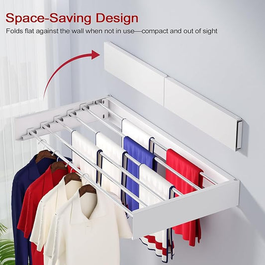 Wall Mounted Drying Rack 40", Foldable Laundry Drying Rack with Stainless Steel Rods, Retractable Laundry Space Saver for Indoor & Outdoor Use, Include Wall Template