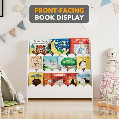 SpaceAid 3-Tier Scalloped Bookshelf, Montessori Bookcase for Toddlers, Wooden Book Shelf Organizer Display Furniture for Kids Rooms, Playroom, Nursery and Classroom, White