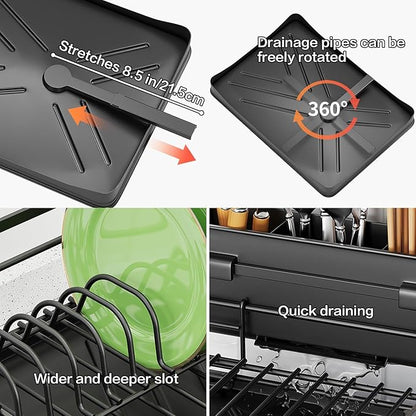 Expandable Dish Drying Rack–Adjustable Single or 2 Tier Dish Rack System,Double Dish Drainer,Large Capacity,2-in-1 Anti-Rust Stainless Steel Dish Rack for Kitchen Counter and Sink (2 Tier Expandable)