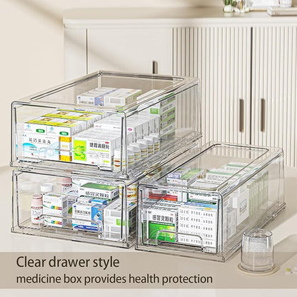 Sgoostood Pull Out Drawer Medicine Box for Safe Medication Storage, Large Refrigerator Storage Bin for Kitchen Food Safe, Tablet Box for Kids Home/Office Organize Ointments,2 Pack - Clear（ Medium）