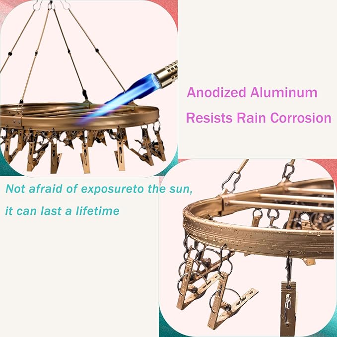 Underwear Hanger for Drying with 26 Clips - Aluminum Hanging Drying Rack for Socks, Lingerie & Baby Clothes | Wind-Resistant Hook & Oval Design (Rose Gold)