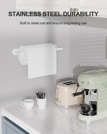 White Paper Towel Holder Under Cabinet, Self Adhesive or Wall Mounted SUS304 Stainless Steel Paper Towel Holder for Kitchen, Bathroom, Farmhouse, Barbecue and Laundry (White)