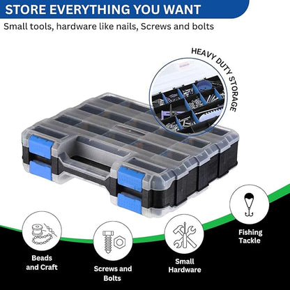 Andalus Tools Organizer Box, Small Parts Storage 34-Compartment Double-Sided Portable Hardware Organizer Removable Plastic Dividers for Screws, Nuts, Bolts, Nails – Blue (2 Pack, 12.5" x 10.5" x 3")