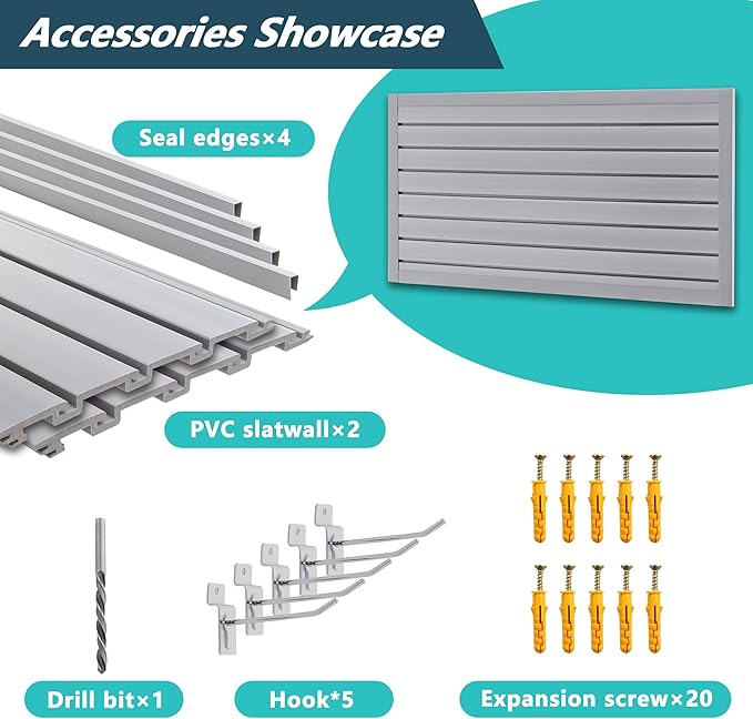 4x2 FT PVC Slatwall Panel Wall Storage Systems, Interlocking Slat Wall Paneling Garage Wall Organizer, Slat Board Wall-Mounted Slat Wall Panels for Garage Storage, Shelves, and Tools, Grey