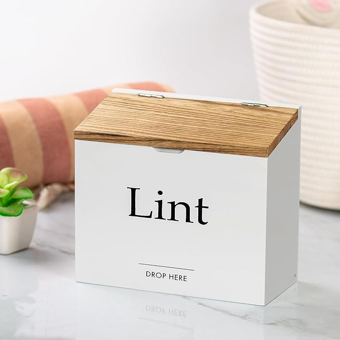 Magnetic Lint Bin for Laundry Room - Compact Size, Wooden Dryer Lint Bin with Lid - Rustic Lint Box, Magnetic Bin - Modern Farmhouse Laundry Room Decor, White with Torched Lid