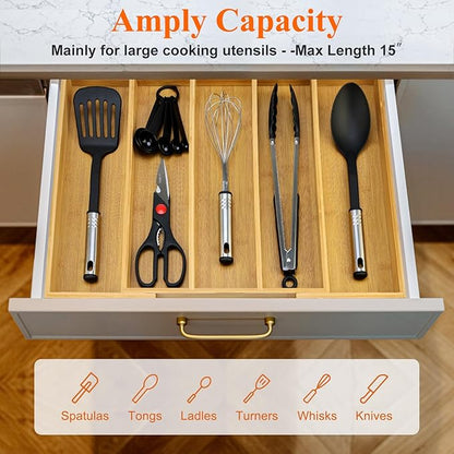 Expandable Silverware Drawer Organizer Storage Large Bamboo Kitchen Tool Utensil Organizers Divider Cutlery Tray Adjustable Flatware Drawer Organizer for Spoon Spatula Cooking Utensils Holder Tray