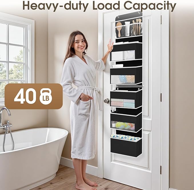 6-Tier Over The Door Organizer Hanging Storage Organizers with Clear Window 40lb Large Capacity Room Organizer for Pantry Bathroom Nursery Closet(Black)