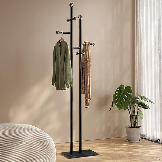 Coat Rack Freestanding with Marble Base, Heavy Duty Metal Clothes Rack, Corner Coat Tree Hat Rack for Entryway Bedroom Living Room Hotel 14.96 x 10.24 x 68.9 Inches (Black)