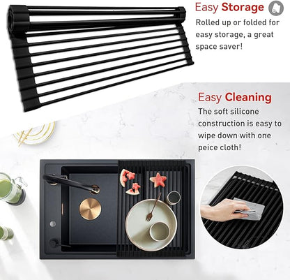 MERRYBOX Roll Up Dish Drying Rack, Silicone Wrapped Over The Sink Dish Rack Foldable Dish Drainer Anti-Slip Dish Racks for Kitchen Counter, Multipurpose Kitchen Sink Drying Rack, 18" x 13", Black