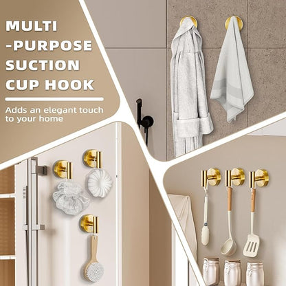 Fenas Suction Cup Hooks for Shower - Bathroom Reusable Hooks for Towels, Robes & Loofah - No-Drill Mounting on Kitchen,Walls,Metal,Glass,Mirrors,Tile & Smooth Non-Porous Surfaces (4, Brushed Gold)