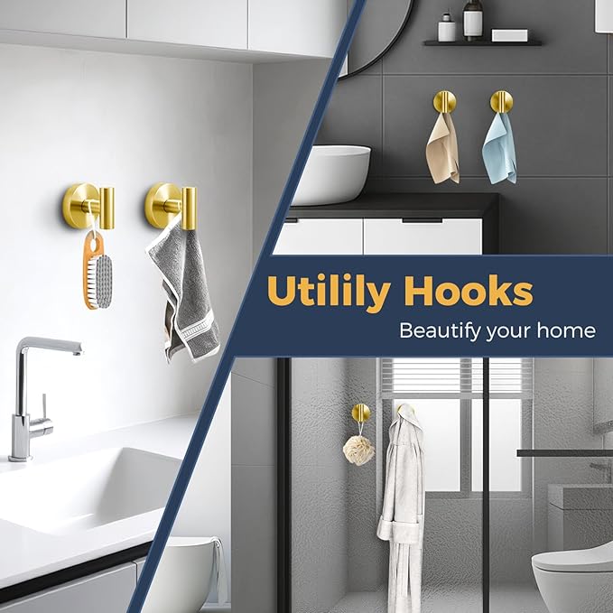 QQK Heavy Duty Suction Cup Hooks for Glass Window,Tile,Mirror,Removable Shower Hooks for Inside Shower,Metal Towel Hooks for Bathroom,4 Pack(Gold)