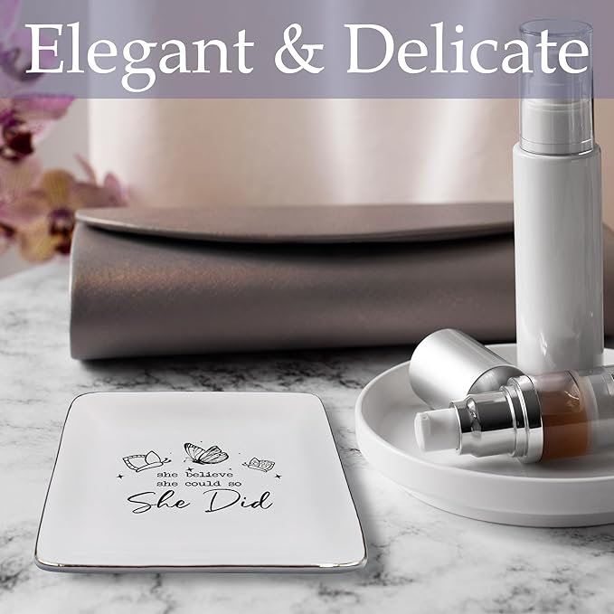 JRTW College Graduation Gifts Jewelry Tray, Inspirational Congratulations Gifts Ceramic Jewelry Dish Tray for Rings & Earring for Women, She Believed She Could So Did Ring Trinket Dish for Women