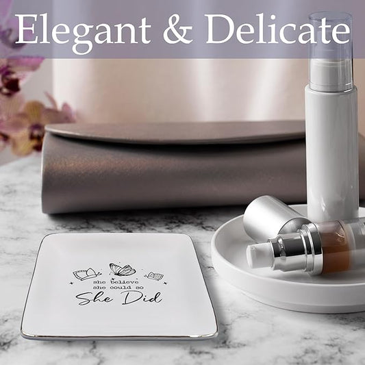 JRTW College Graduation Gifts Jewelry Tray, Inspirational Congratulations Gifts Ceramic Jewelry Dish Tray for Rings & Earring for Women, She Believed She Could So Did Ring Trinket Dish for Women