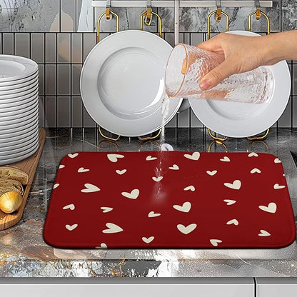 Wnoesat Valentine's Day Love Heart Dish Drying Mat for Kitchen Counter 16x18 Inch Valentine Theme Dish Mats Absorbent Microfiber Dish Draining Mat Reusable Washable Dish Drainer Rack Pad