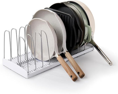 YouCopia StoreMore Expandable Cookware Rack with Tall Steel Wires, 12.5"-22" Wide Adjustable Pan Organizer for Kitchen Cabinet Storage, Premium Edition