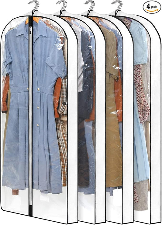 4 Pack - Dress Bags for Gowns Long W/ 4" Gussetes, 60'' Long Garment Bags for Gowns,Clear Garment Bags for Hanging Clothes, Dress Garment Bag for Storage and Travel - 24'' x 60''