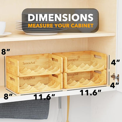 SpaceAid Bamboo Water Bottle Organizer with Labels, Kitchen Pantry Water Bottle Storage Rack for Cabinets, Home Cup and Wine Bottle Holder Shelf Organizers, 4 Pack 3-Slot, Hold 12 Bottles