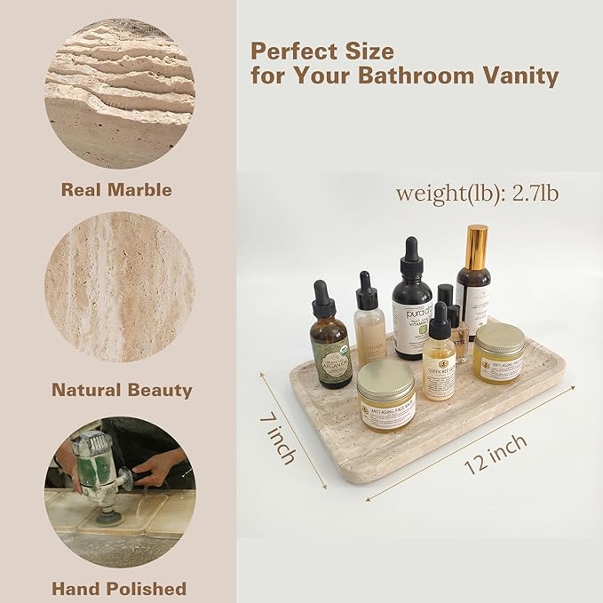 CasaCouture Natural Marble Vanity Tray for Bathroom Counter-12 X6 Decorative Tray for Perfume, Candles, Stone Jewelry Dish Tray