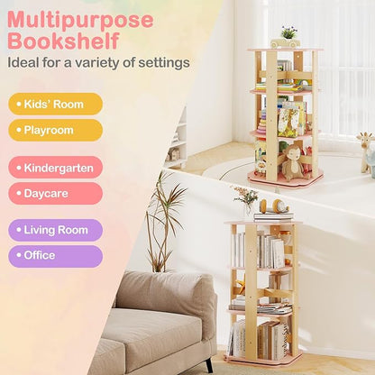 Costzon Kids Rotating Bookshelf, 360° Spinning 3-Tier Corner Bookshelf for Small Space w/12 Sectors, Floor Standing Bookcase Storage Rack, Wooden Narrow Bookcase for Kid's Room, Living Room, Daycare