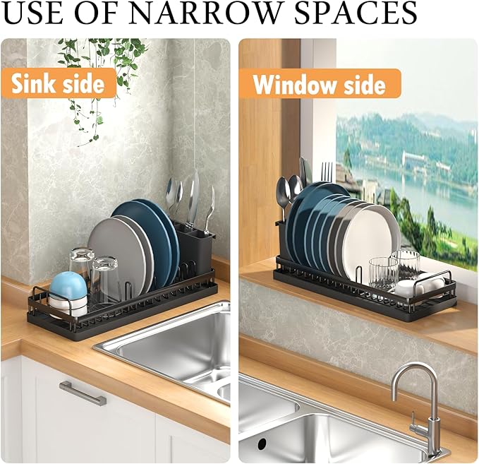 CHLORYARD Small Dish Drying Rack, Compact Sink Dish Drainer Plate Organizer with Utensil Holder and 2pcs Silicone Drying Mats for Kitchen Counter, RVs, Apartments