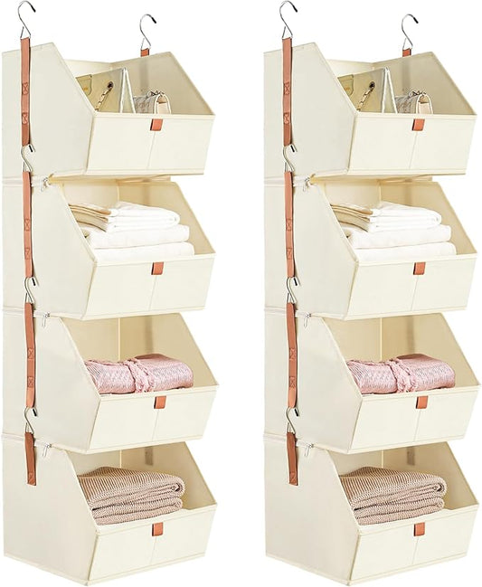 4 Tier Hanging Closet Organizer,Disassemblable Clothes Hanging Shelves,Fabric Closet Organizer System for Space-Saving,Foldable Storage Basket for Bedroom, Rv (2 Pack,Beige)