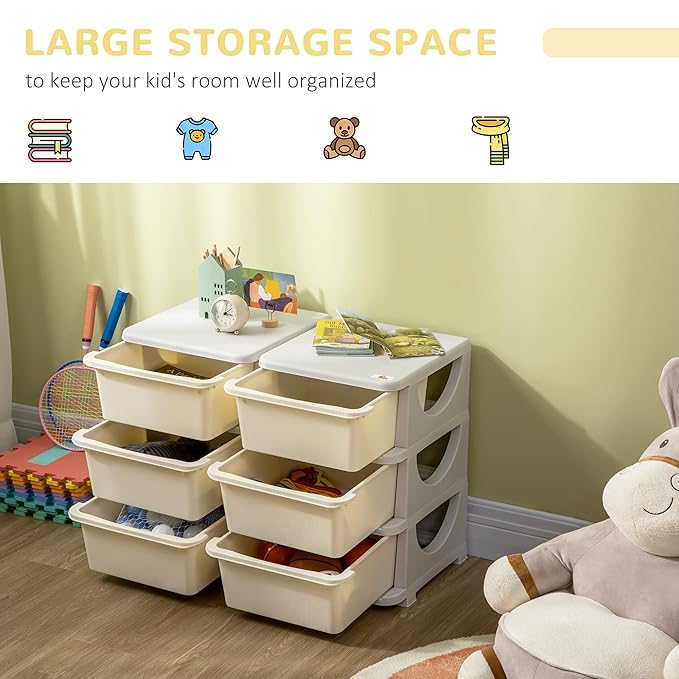 Qaba 3 Tier Kids Storage Unit, Toy Organizers and Storage with 6 Drawer Chest for Kids Bedroom Nursery Kindergarten Living Room for Boys Girls Toddlers, Cream White