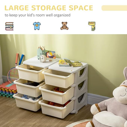 Qaba 3 Tier Kids Storage Unit, Toy Organizers and Storage with 6 Drawer Chest for Kids Bedroom Nursery Kindergarten Living Room for Boys Girls Toddlers, Cream White