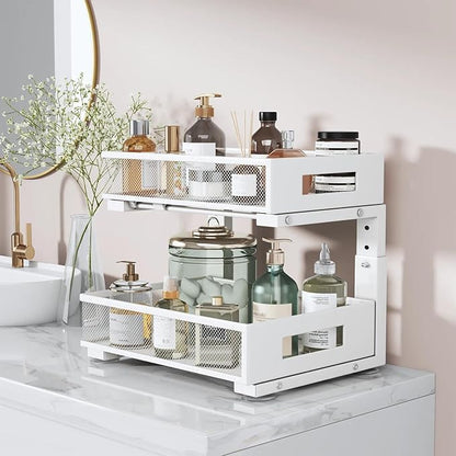 Under Sink Organizer, 2-Tier Dual Pull Out Cabinet Organizer Drawers With Smooth Circular Rail, Large Capacity Metal Mesh Sliding Shelves For Bathroom& Kitchen Storage,Height Adjustable–White,1 Pack