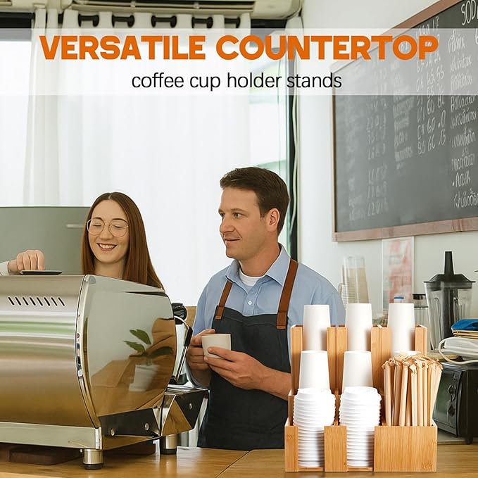 Bamboo Vertical Coffee Cup and Lid Dispenser, Coffee Condiment Organizer, 9 Compartment for Disposable Paper & Plastic Cup, for Cabinet Station Home Countertop Bar 13''l x 13''w x 12''h