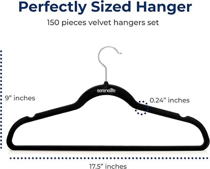 SereneLife Non-Slip Velvet Hangers, Mega Pack, 150 Pieces Hangers for Clothes, Heavy Duty Cloth Hanger Set with 360 Degree Swivel Hook, Black