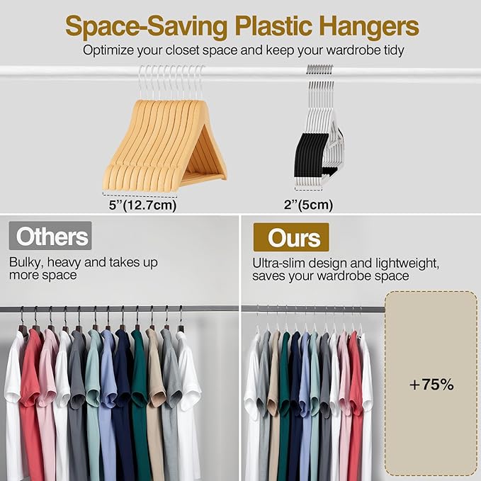 UEAKPIC Plastic Hangers 50 Pack, 16.5 in Heavy Duty Clothes Hangers with 360° Swivel Hook, Non-Slip Bar & 0.2" Ultra-Slim Space-Saving Organizers for Coats, Pants, Suits, Shirts, White & Black