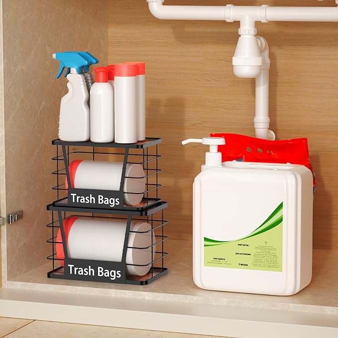 Three colors 2 Pack Trash Bag Holder, Stackable Trash Bag Dispenser with Rustic Wood, Garbage Bag Dispenser Under Sink Organizer for Kitchen Laundry, Adhesive Wall Mount or Countertop