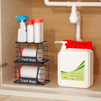 Three colors 2 Pack Trash Bag Holder, Stackable Trash Bag Dispenser with Rustic Wood, Garbage Bag Dispenser Under Sink Organizer for Kitchen Laundry, Adhesive Wall Mount or Countertop