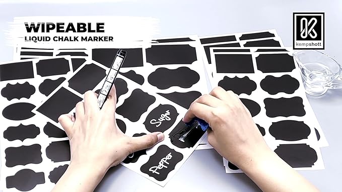 Chalkboard Labels for Jars 98pcs - Waterproof Reusable Chalk Sticker Labels for Containers Storage Jars - 12 Unique Shapes & 3 Sizes Includes Erasable Liquid Chalk Marker & Mini Towel (Pack of 98)