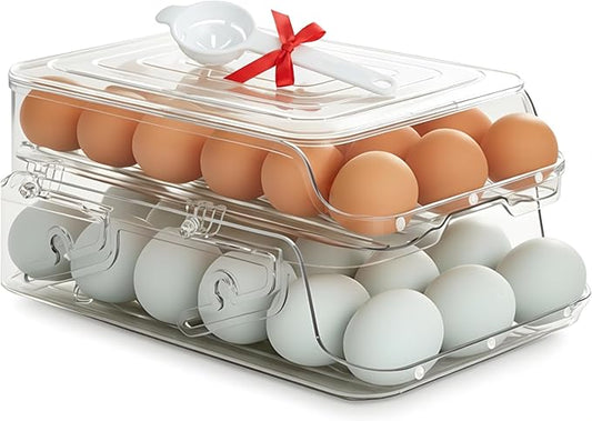 Egg Holder for Fridge (36 Eggs) | Automatic Rolling Dispenser for Refrigerator, Foldable | Fits All Egg Sizes Without Collision, Clear, Durable, BPA-Free with Lid | Gift: Egg Separator